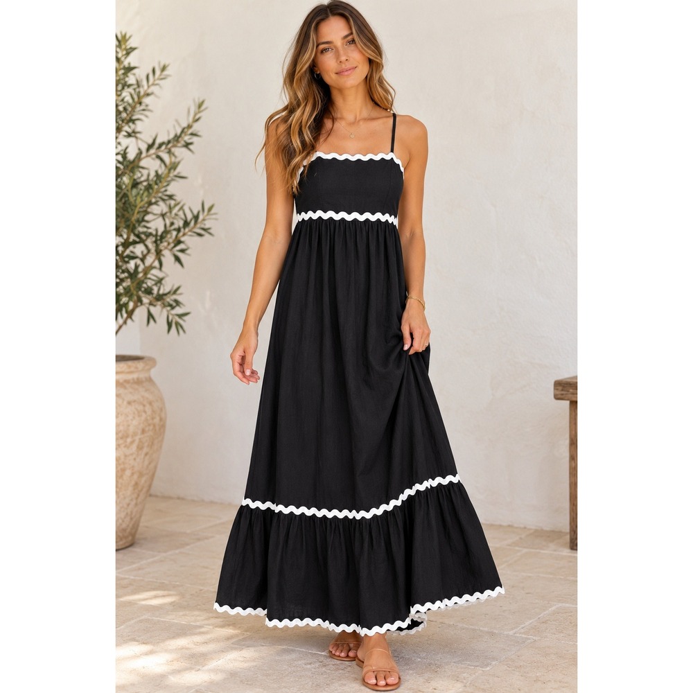 Cotton Linen Sincerely Jules Black White Ric Rac Trim Maxi Dress Size Small